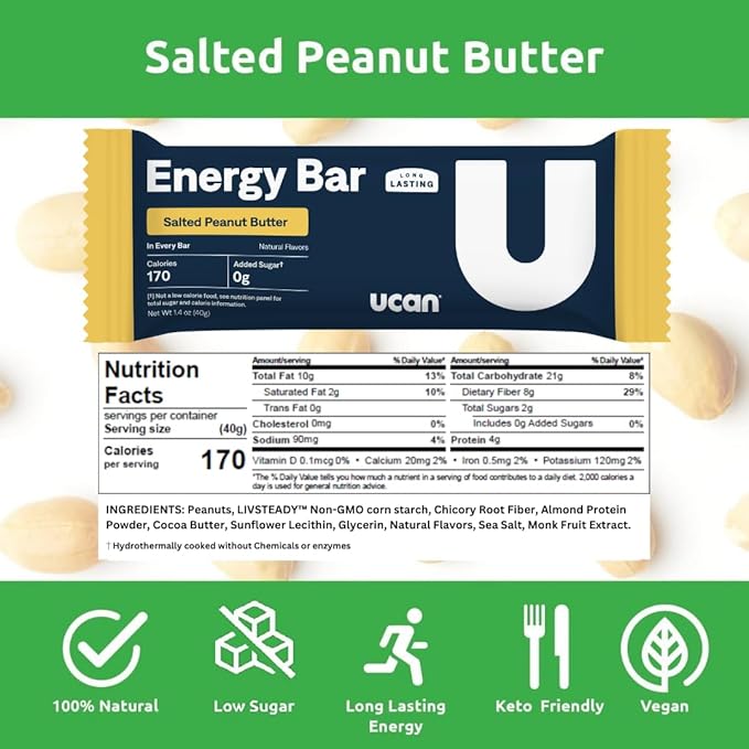 UCAN Energy Bars | Low Sugar, Low Calories | Gut Friendly, Caffeine-Free, Vegan, Non-GMO, No Soy, Keto Friendly | Running, Cycling, Fitness, Pre & Post Workout | Salted Peanut Butter 12 Count