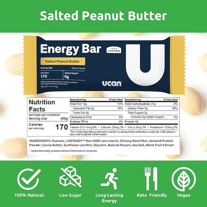 UCAN Energy Bars | Low Sugar, Low Calories | Gut Friendly, Caffeine-Free, Vegan, Non-GMO, No Soy, Keto Friendly | Running, Cycling, Fitness, Pre & Post Workout | Salted Peanut Butter 12 Count