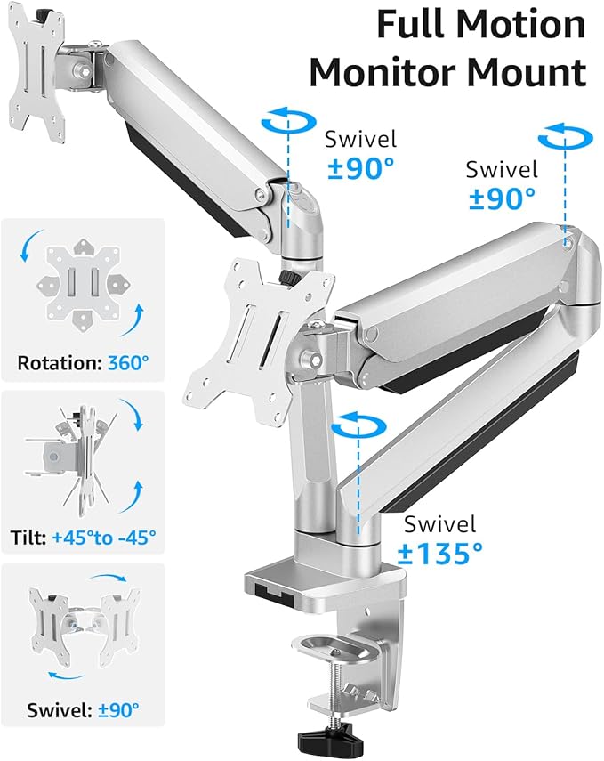 MOUNTUP Dual Monitor Desk Mount, Die-Cast Aluminum Fully Adjustable Double Monitor Arm with Gas Spring, Computer Monitor Stand Fits 2 Screen 17 to 32 inch - Each Arm Holds 4.4-19.8LBS, MU0024