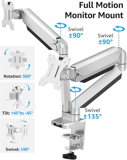 MOUNTUP Dual Monitor Desk Mount, Die-Cast Aluminum Fully Adjustable Double Monitor Arm with Gas Spring, Computer Monitor Stand Fits 2 Screen 17 to 32 inch - Each Arm Holds 4.4-19.8LBS, MU0024