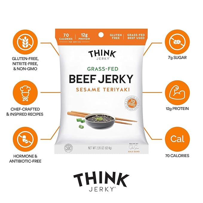 Think Jerky Sesame Teriyaki Beef Jerky, Grass-Fed High Protein Beef Jerky, Gluten Free, No Antibiotics or Nitrates, Healthy Chef Crafted Recipe, Low Calorie and Low Fat - 2.2 oz Bags, 8 Pack