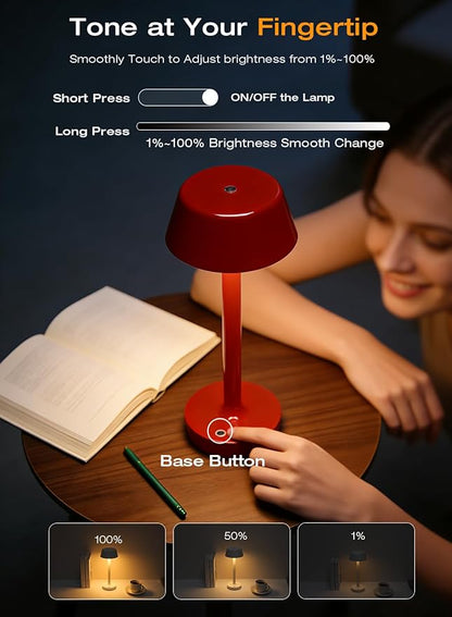 Cordless Rechargeable Table Lamp with Power Charger,Portable LED Desk Lamp,5000mAh Battery Operated,2700K-5700K Tunable,Stepless Touch Dimming for Bedroom Bedside Outdoor Camping,Red
