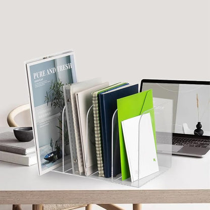 Acrylic File Organizer, Clear Desk Organizer Workspace Sorters, Magazine Binder Holder with 4 Vertical Compartments Bookshelf for Desk Home Office