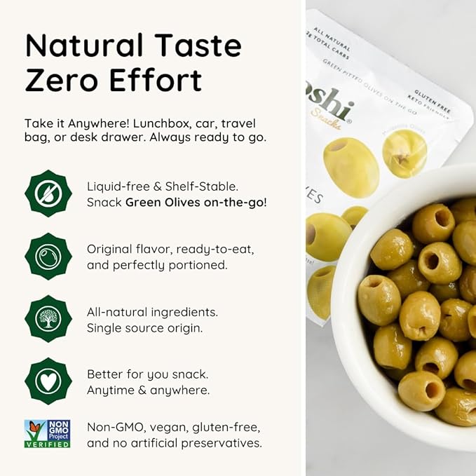Poshi Green Olives On-The-Go - Original Flavor - Single Serve Pitted Olives - Convenient and Healthy Snack Packs - All Natural, Non-GMO, Kosher, Gluten-Free - 1.1 Oz Bags (10/Pack)
