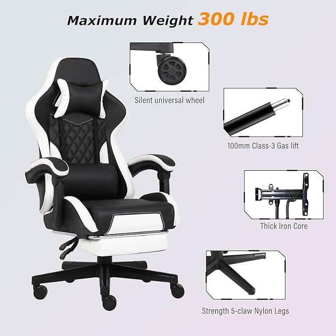 Gaming Chair, Computer Gaming Chairs with Footrest, Linkage Armrests and Lumbar Support, High Back Ergonomic Office Chair for Adults, Big and Tall Desk Chair(Blackwhite)