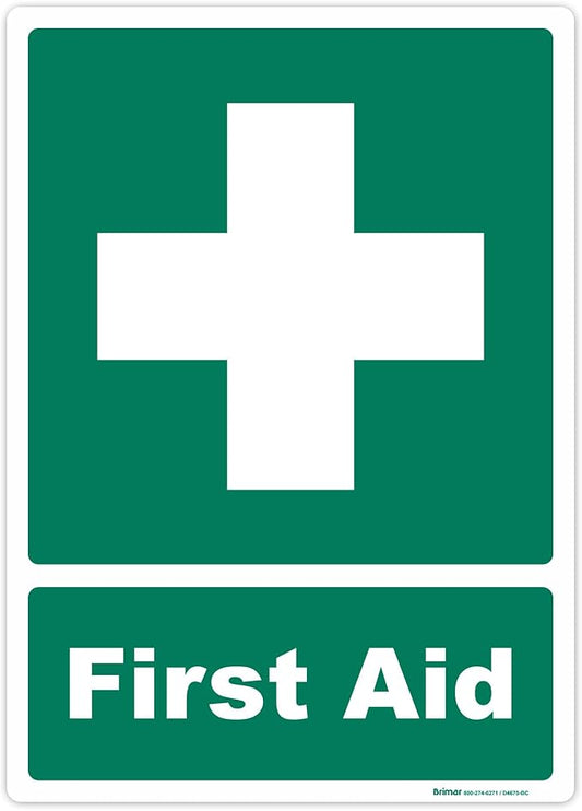Brimar - 10" x 14" - First Aid Sign - 3.5 Mil InfiniStick™ Vinyl Label - Easy Installation - Versatile Application