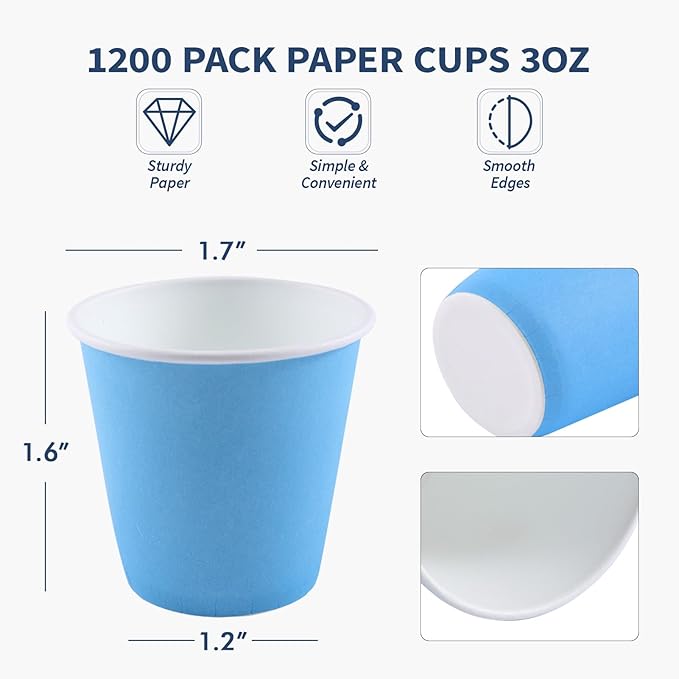 Turbo Bee 3oz Disposable Paper Cups 1200Pack, Small Bathroom Cups Bulk, Small Blue Paper Mouthwash Tumblers Perfect for Bathroom, Party, Picnic, Travel and Events