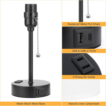 Small Bedside Table lamp for Bedroom - 3 Color Temperatures Bedside Lamps with USB C and A Ports, Pull Chain Table Lamps with AC Outlet, White Nightstand Lamps with Black Metal Base for Kids Reading
