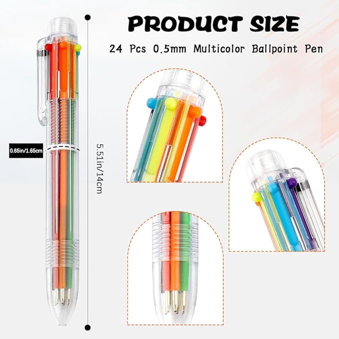 24 Pack Multicolor Pen 0.5mm 6-in-1 Multicolor Ballpoint Retractable Colored Pens for School Office Supplies Birthday Party Favors for Kids Students Christmas Gift Stocking Stuffers for Teachers