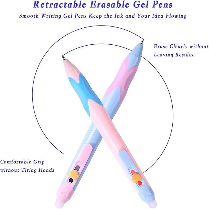 12Pcs Cute Retractable Erasable Gel Pens, Fine Point 0.5mm Blue Ink Pen with Eraser，Comfort Grip for Smooth Writing Note Taking Marking Planner Crossword Puzzles (Blue Ink)