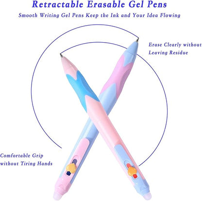 12Pcs Cute Retractable Erasable Gel Pens, Fine Point 0.5mm Blue Ink Pen with Eraser，Comfort Grip for Smooth Writing Note Taking Marking Planner Crossword Puzzles (Blue Ink)
