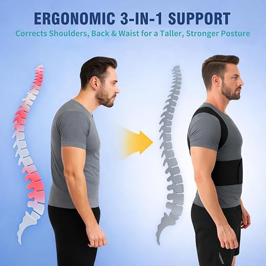 Back Brace Support Posture Corrector for Women & Men – Full Back Support for Upper, Mid & Lower Back Pain Relief, Ergonomic 3-in-1 System Improves Posture & Helps with Slouching, Rounded Shoulders, L (33–37 in waist)