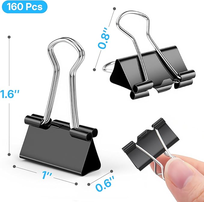 OWLKELA 160 PCS Medium Binder Clips 1 Inch, Metal Paper Clamps Bulk, Black Clips for Home, School and Office Supplies