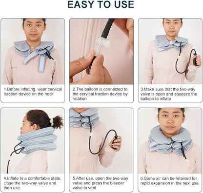 Cervical Traction Device, Adjustable Three Tube Inflatable Neck Stretcher, Neck Braces for Neck Support and Pain Relief, Neck Traction Device for Home/Office Use (grey)