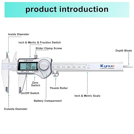 Kynup Digital Caliper, Caliper Measuring Tool Outside Micrometer, Vernier Dial Caliper Stainless Steel, IP54 Splash Proof Protection, Inch Metric Fraction Conversion, Large LCD Screen (6Inch/150mm)