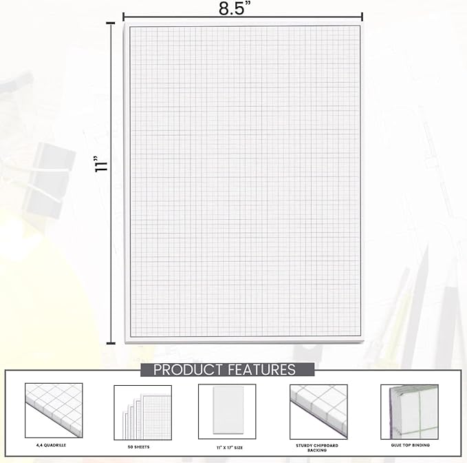 Performore Graph Paper Pad Set 2-Pack 8.5" x 11" White 4x4 Quad Ruled Notepads 50 Double-Sided Sheets per PadEasy-Tear Glue-Top Sheets for Math, Engineering & Classroom Use