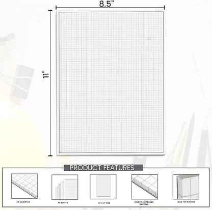 Performore Graph Paper Pad Set 2-Pack 8.5" x 11" White 4x4 Quad Ruled Notepads 50 Double-Sided Sheets per PadEasy-Tear Glue-Top Sheets for Math, Engineering & Classroom Use