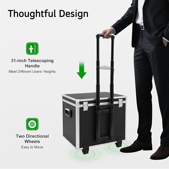 Portable File Box with Handle, Locking File Storage Box with Wheels, 19.2x15x16 Double Locking Rolling File Cabinet, Mobile Busniness Case for Office Home,Offices, Hospitals, Banks