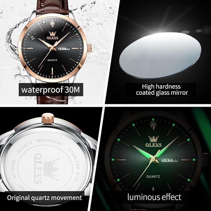 OLEVS Mens Watches, Dress Waterproof Classic Analog Casual Luxury Wrist Watch for Men with Date, Easy to Read Relojes para Hombres Male Quartz Wristwatch with Brown Black Leather Band Blue Black Dial