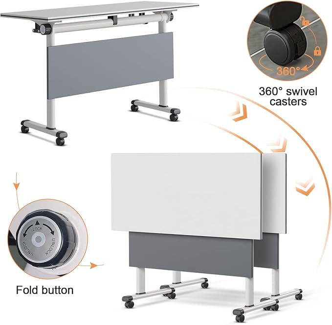 Conference Room Table, 55 Inch Folding Conference Tables with Wheels, Modern Office Meeting Table, Easy Flip & Nest Design, Rectangular Seminar Tables with Metal Frame for 2-24 People(G 8PCS)
