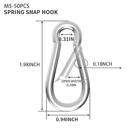 50PCS M5 Spring Snap Hook Carabiner, Heavy Duty Galvanized Steel Carabiner Clip, 220LBS Holding Capacity Spring Clips for Hammock Swing Outdoor Travel