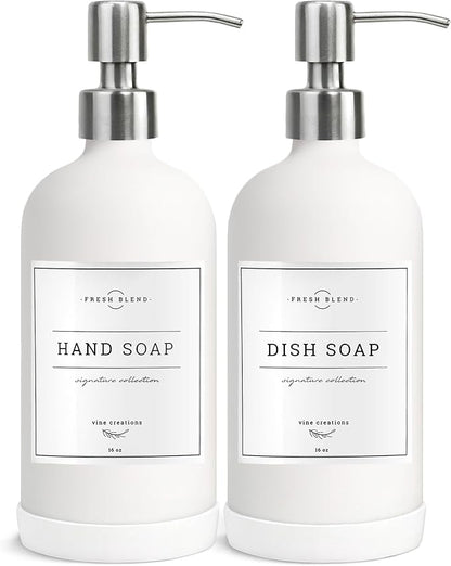 Vine Creations White Glass Soap Dispenser, 2 Pack Kitchen Soap Dispenser Set with Stainless Steel Pump, 16 oz Dish Soap and Hand Soap Dispensers for Bathroom with Waterproof Labels