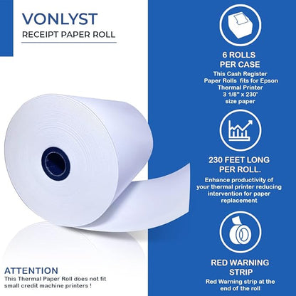 3 1/8 x 230 Thermal Paper Receipt Roll for Epson Printer (Pack 12 rolls)