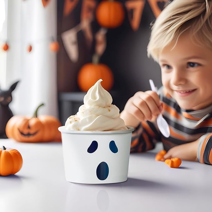 Paper Ice Cream Cups, 50-Count 9-Oz Disposable Dessert Bowls for Hot or Cold Food, 9-Ounce Halloween Party Supplies Treat Cups, Ghost Face