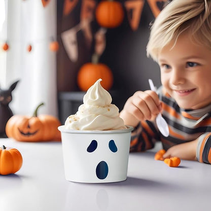 Paper Ice Cream Cups, 50-Count 9-Oz Disposable Dessert Bowls for Hot or Cold Food, 9-Ounce Halloween Party Supplies Treat Cups, Ghost Face
