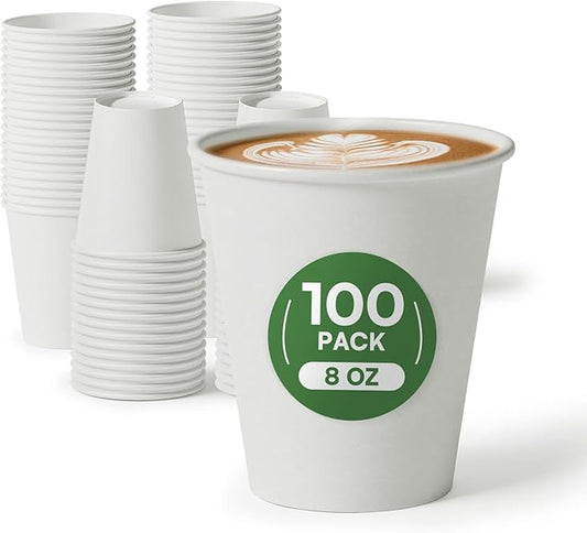 Paper Cups 8 oz White Disposable Coffee Cups,100 Pack BPA Free Leak Proof Hot Cups, 300GSM Thickened Disposable Cups, Unbleached Small Drink Cups for Everyday Use Office Party Cafe Supply Essentials