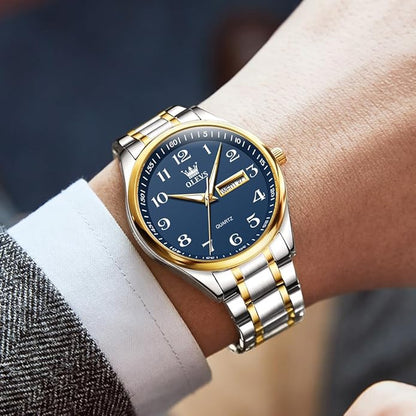 Men's Casual Stainless Steel Watch, Big Face Easy to Read Analog Quartz Watch with Day and Date, Classic Waterproof Diamond Roman Arabic Numerals Dial Dress Watch for Men, Gold Silver Black Band