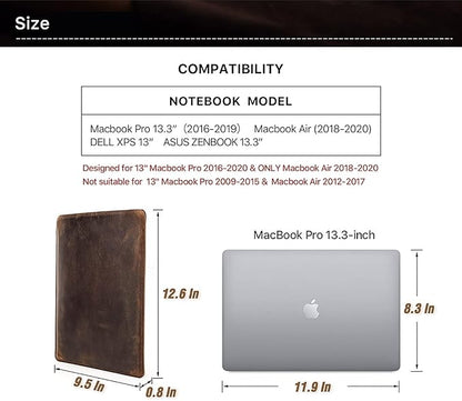 Top Grain Leather 13.3" Slim Laptop Sleeve Case, Solid Minimalist Vintage Design, Handmade, Compatible with MacBook Pro 13.3" MacBook Air M1/M2 DELL XPS 13" & Other PC, Brown 13.3 Inch