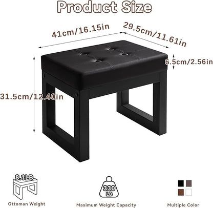 IBUYKE 16 Inch Small Foot Stool Ottoman, Rectangle PU Faux Leather Foot Rest with Padded Seat and Metal Legs, Modern Ottoman Foot Rest for Living Room Bedroom Entryway Couch, Black WBD026B