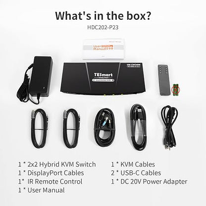 TESmart MST USB-C/HDMI/DP KVM Switch 2 Monitors 2 Computers, USB 3.0 KVM Dual Monitor for Laptop&Desktop, 4K@60Hz, 60W PD, Gigabit Network, Hotkey Switch, with Input Cables