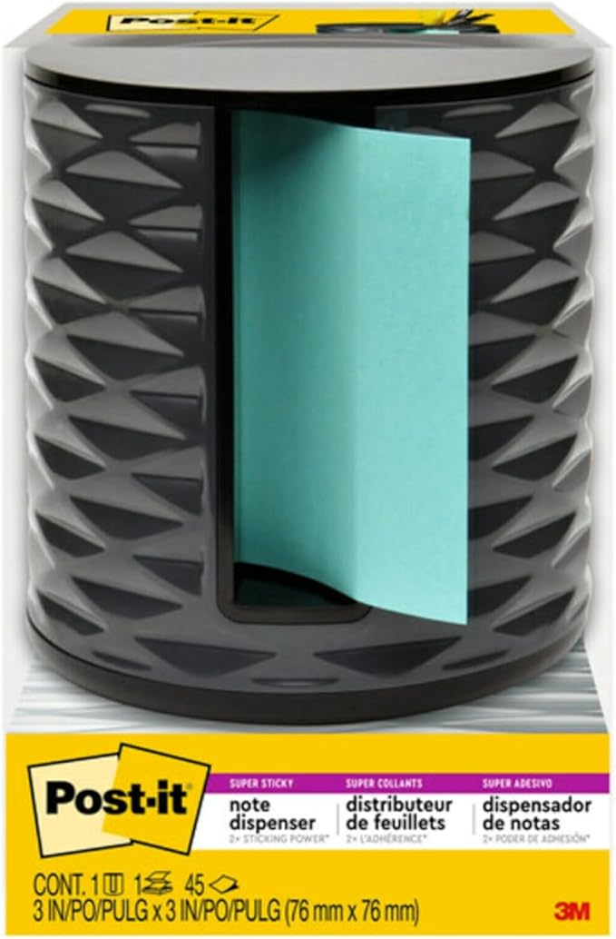 Post-it Note Dispenser, Vertical Design, Pop-Up Notes, Black with Grey Geometric Pattern, 1 Aqua Splash 3 in x 3 in Super Sticky Note Pad (Pack of 6)