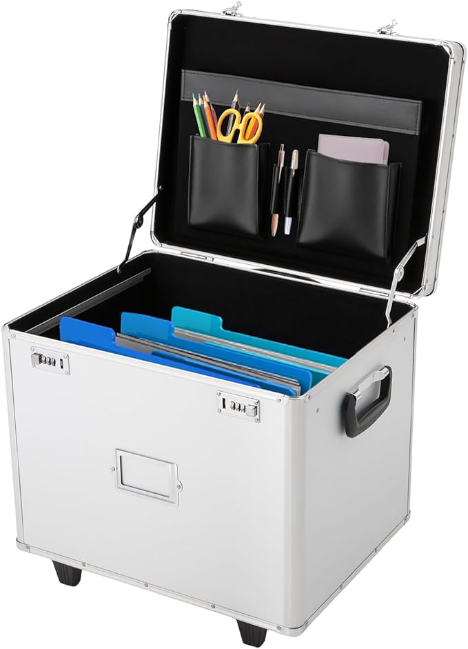 Portable Locking File Storage, Aluminum Alloy Document Box with Wheels Rolling File Storage Organizer Box Large Capacity Multifunctional Filing Cabinet with Security Code Lock for Office Home