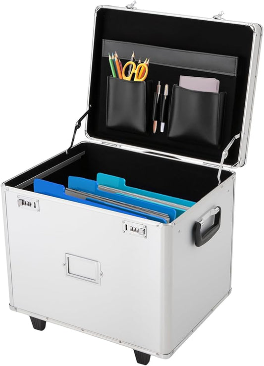 Portable Locking File Storage, Aluminum Alloy Document Box with Wheels Rolling File Storage Organizer Box Large Capacity Multifunctional Filing Cabinet with Security Code Lock for Office Home