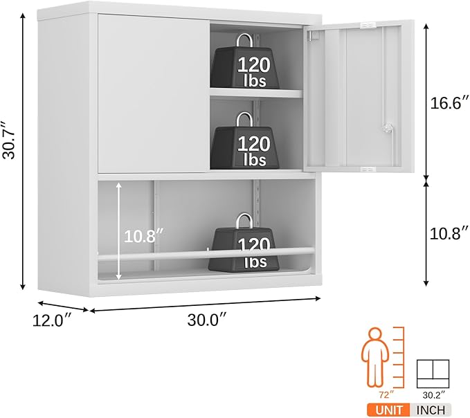 LUCYPAL Metal Wall Cabinet,Garage Wall Mounted Cabinets with Adjustable Shelf and Doors,Steel Hanging Cabinet with Open Storage for Home Office,Bathroom,Kitchen,White