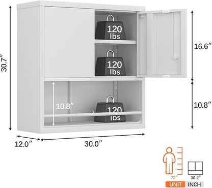 LUCYPAL Metal Wall Cabinet,Garage Wall Mounted Cabinets with Adjustable Shelf and Doors,Steel Hanging Cabinet with Open Storage for Home Office,Bathroom,Kitchen,White