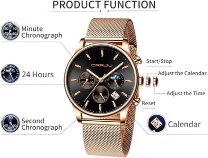 CRRJU Men's Fashion Casual Watches Auto Date Chronograph Watch Men Nice Work Watches Waterproof 30M Full Steel Quartz with Mesh Strap