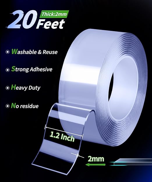 Large Double Sided Tape Heavy Duty, Mounting Tape Strong Adhesive, Wall Tape for Hanging Clear Removable No Damage, Fits Decor & Poster, 20Ft 1.2" Wide