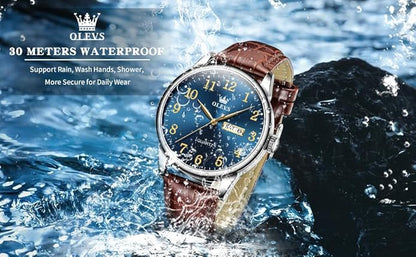 OLEVS Watch Men Mens Watches Watches for Men Leather Band Classic Brown Leather Watch Men, Analog Watch Men, Black Mens Leather Watch, Dress Waterproof Large Face Mens Watch,Relojes para Hombres Watch