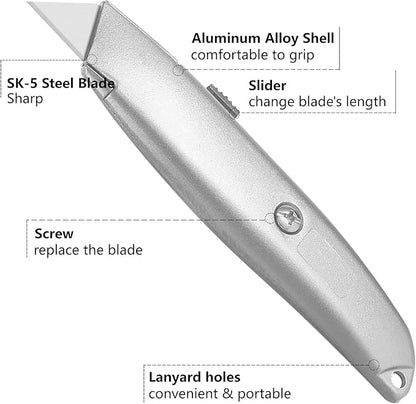 DIYSELF 2Pack Utility Knife Box Cutter Retractable Blade Heavy Duty(Silver)