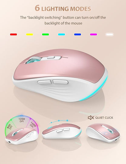 SABLUTE Wireless Keyboard and Mouse Combo Backlit - Compact Quiet Keyboard with RGB Mouse, Rechargeable, Slim, Sleep Mode, Portable Cordless Keyboard Mouse Set for Mac, Windows, Laptop, PC (Rose Gold)
