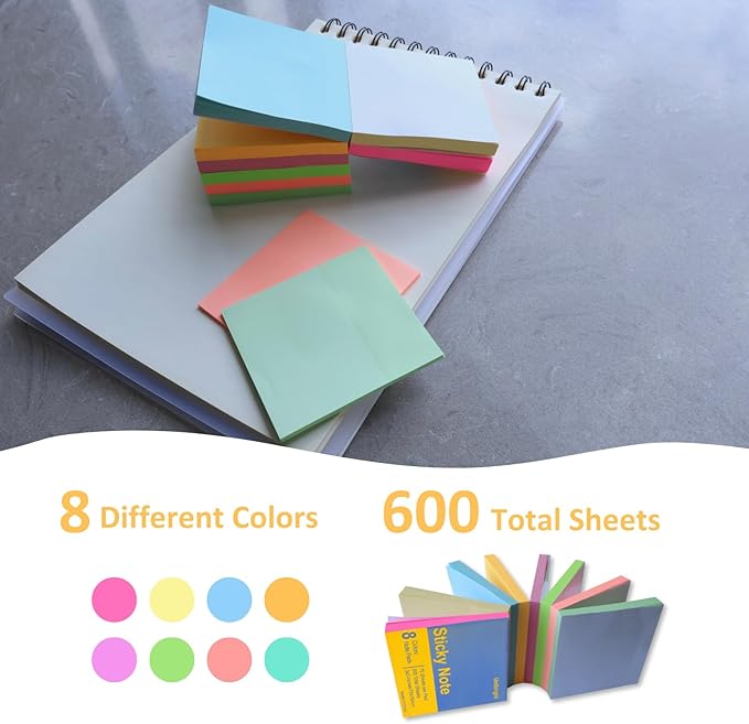 Sticky Notes 3x3 in, 8 Pads, 75 Sheets/Pad, Use as Bright Colors Self-Stick Pads, Note Taking Sticky Note Pads, Recyclable, Easy to Post for Home, Office, Notebook