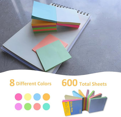 Sticky Notes 3x3 in, 8 Pads, 75 Sheets/Pad, Use as Bright Colors Self-Stick Pads, Note Taking Sticky Note Pads, Recyclable, Easy to Post for Home, Office, Notebook