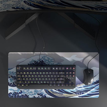 Large Japanese Sea Wave Mouse Pad, Blue Anime Desk Mat,Extended Non-Slip Keyboard Mouse Pad Kanagawa Office Desk Pad 23.6" x 11.8" Gaming Mouse Pad Desktop Protector for Office and Home