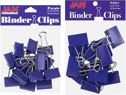 JAM PAPER Colorful Binder Clips Assortment - Medium & Large Size - Purple Binderclips - 27 Clips/Pack