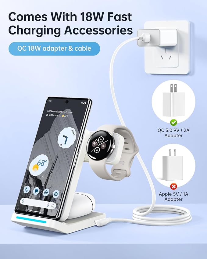 Upgraded Foldable 3 in 1 Wireless Charger for Pixel Watch 3/2 (Not for Pixel Watch 4/1), Fast Charger Stand for Pixel 10 Pro XL/9 Pro XL/9/8/7 Pro/8a/6 Pro & Buds, Charging Station with Adapter, White