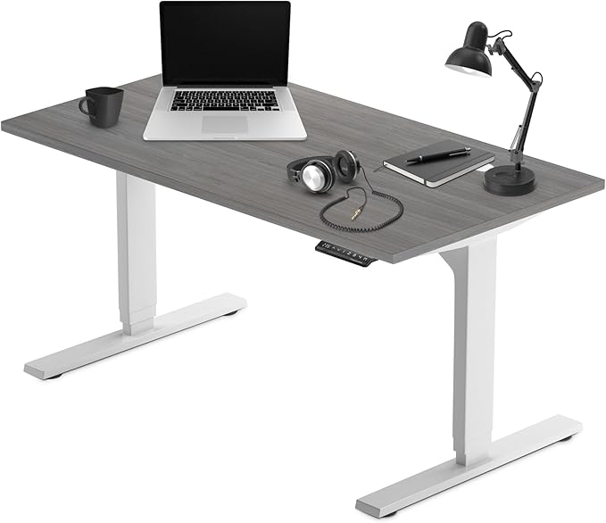 Progressive Desk Stand Up Height Adjustable Electric Standing Desk - 55" x 28" with Dual Motor, 3 Stages Sit Stand Table for Home Office - Gray Oak, White Frame